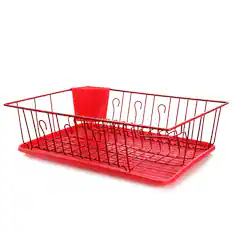 Front. MegaChef - MegaChef 17.5 Inch Red Dish Rack with 14 Plate Positioners and a Detachable Utensil Holder - Red.