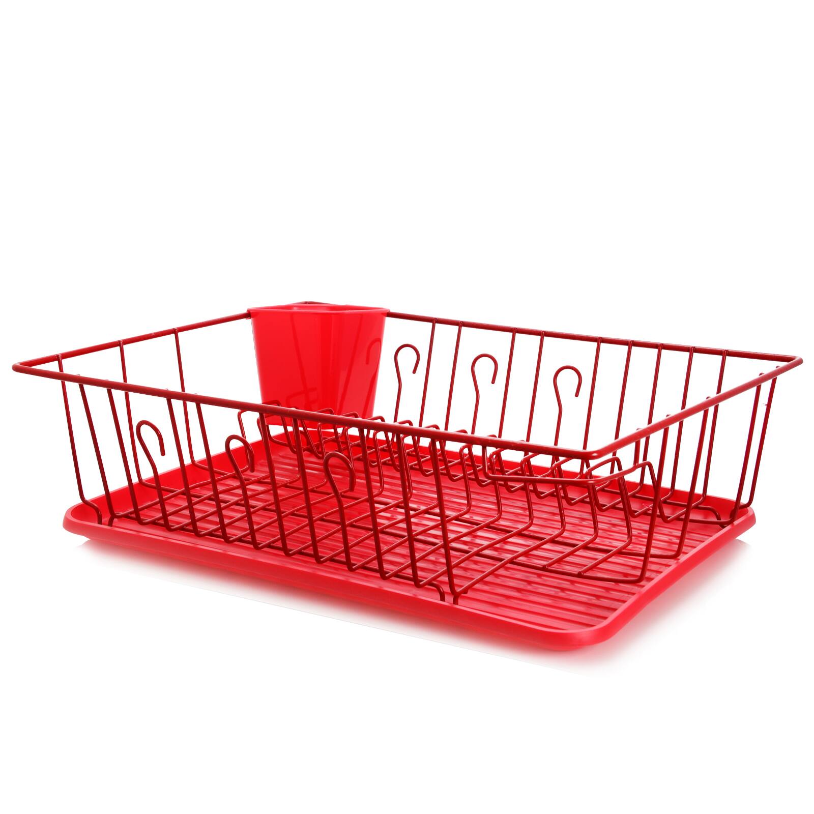 Front. MegaChef - MegaChef 17.5 Inch Red Dish Rack with 14 Plate Positioners and a Detachable Utensil Holder - Red.