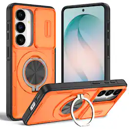 Dteck - Rugged Magnetic Case for Samsung Galaxy S26+, Shockproof 360° Rotating Ring Stand Cover, Window Sliding Protection - Orange