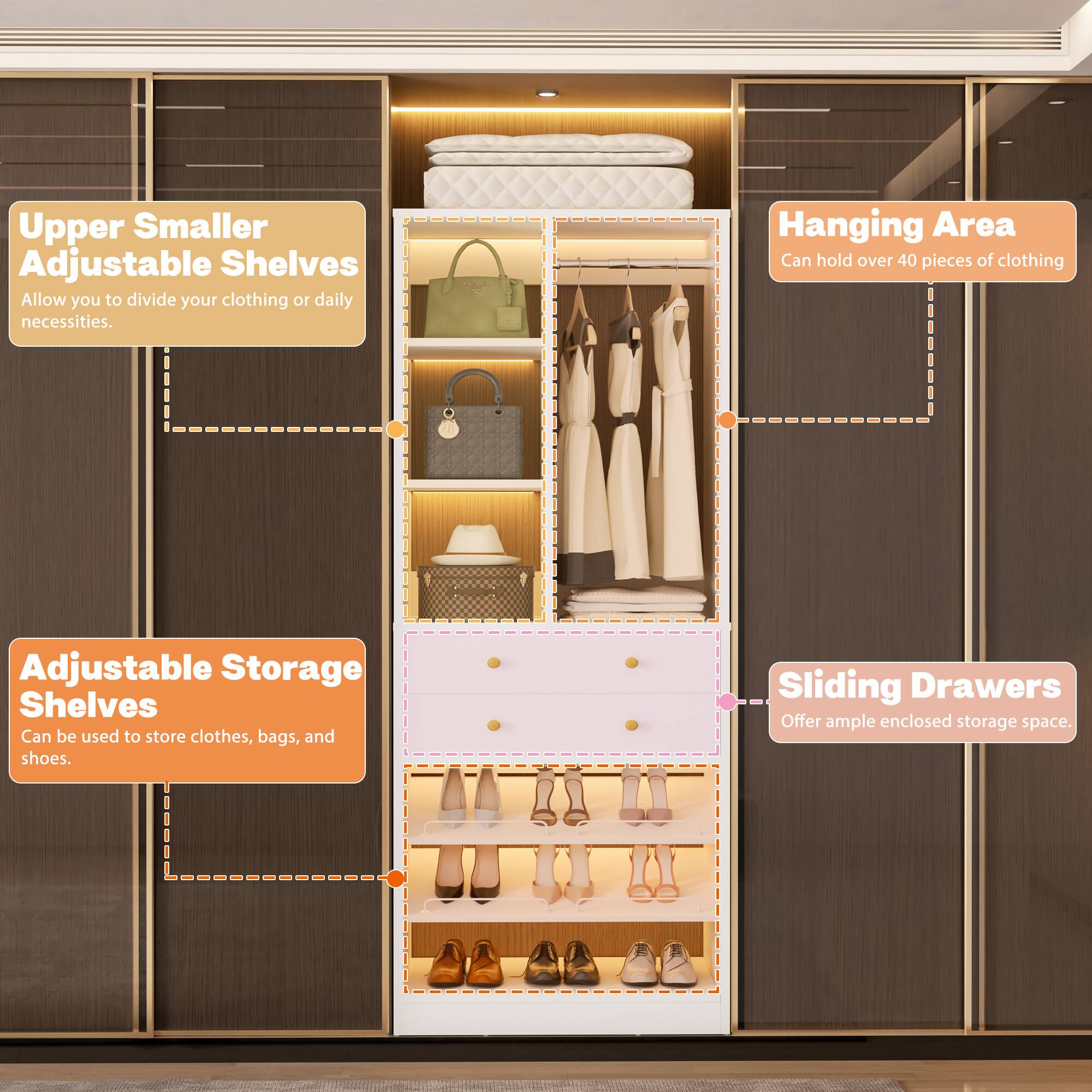 Upper Smaller Adjustable Shelves  
Allow you to divide your clothing or daily necessities.  

Hanging Area  
Can hold over 40 pieces of clothing  

Adjustable Storage Shelves  
Can be used to store clothes, bags, and shoes.  

Sliding Drawers  
Offer ample enclosed storage space.