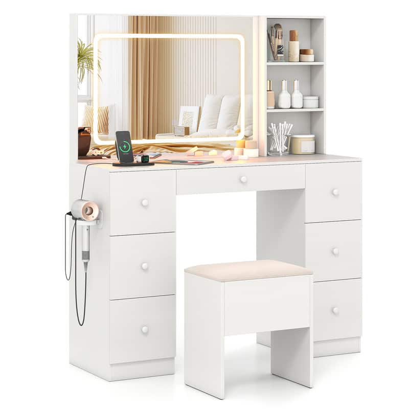 WELLFOR - Vanity Desk Set with Lighted Mirror & Charging Station, Modern Makeup Vanity with Storage Stool & Hair Dryer Stand - White