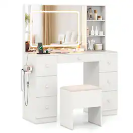 WELLFOR - Vanity Desk Set with Lighted Mirror & Charging Station, Modern Makeup Vanity with Storage Stool & Hair Dryer Stand - White