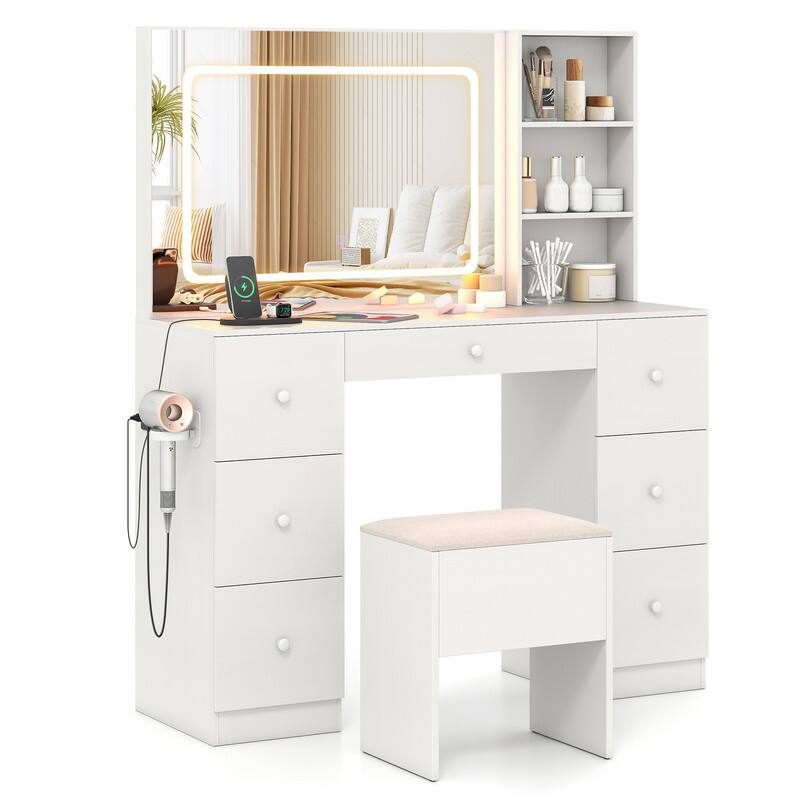 Front. WELLFOR - Vanity Desk Set with Lighted Mirror & Charging Station, Modern Makeup Vanity with Storage Stool & Hair Dryer Stand - White.