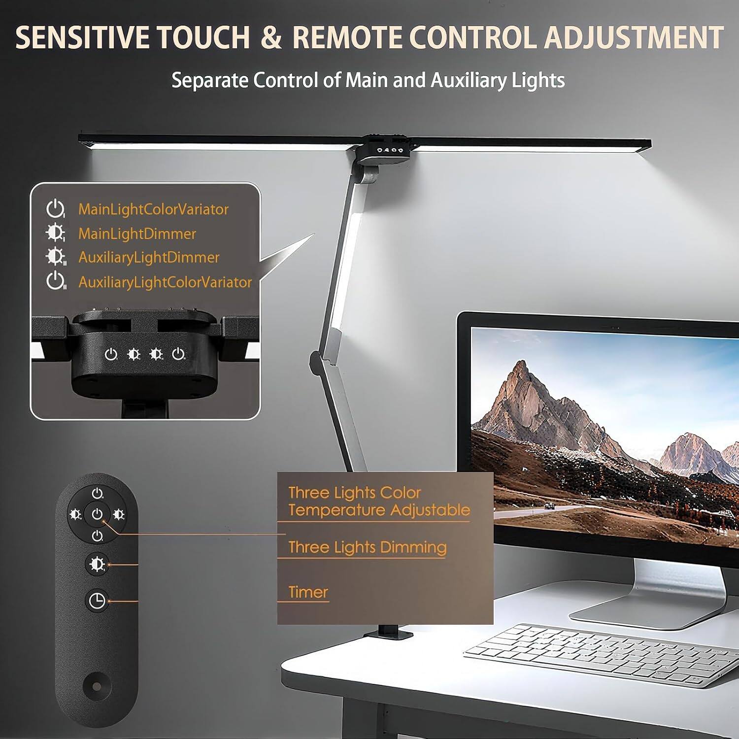 SENSITIVE TOUCH & REMOTE CONTROL ADJUSTMENT  
Separate Control of Main and Auxiliary Lights  

- MainLightColorVariator  
- MainLightDimmer  
- AuxiliaryLightDimmer  
- AuxiliaryLightColorVariator  

Three Lights Color Temperature Adjustable  
Three Lights Dimming  
Timer