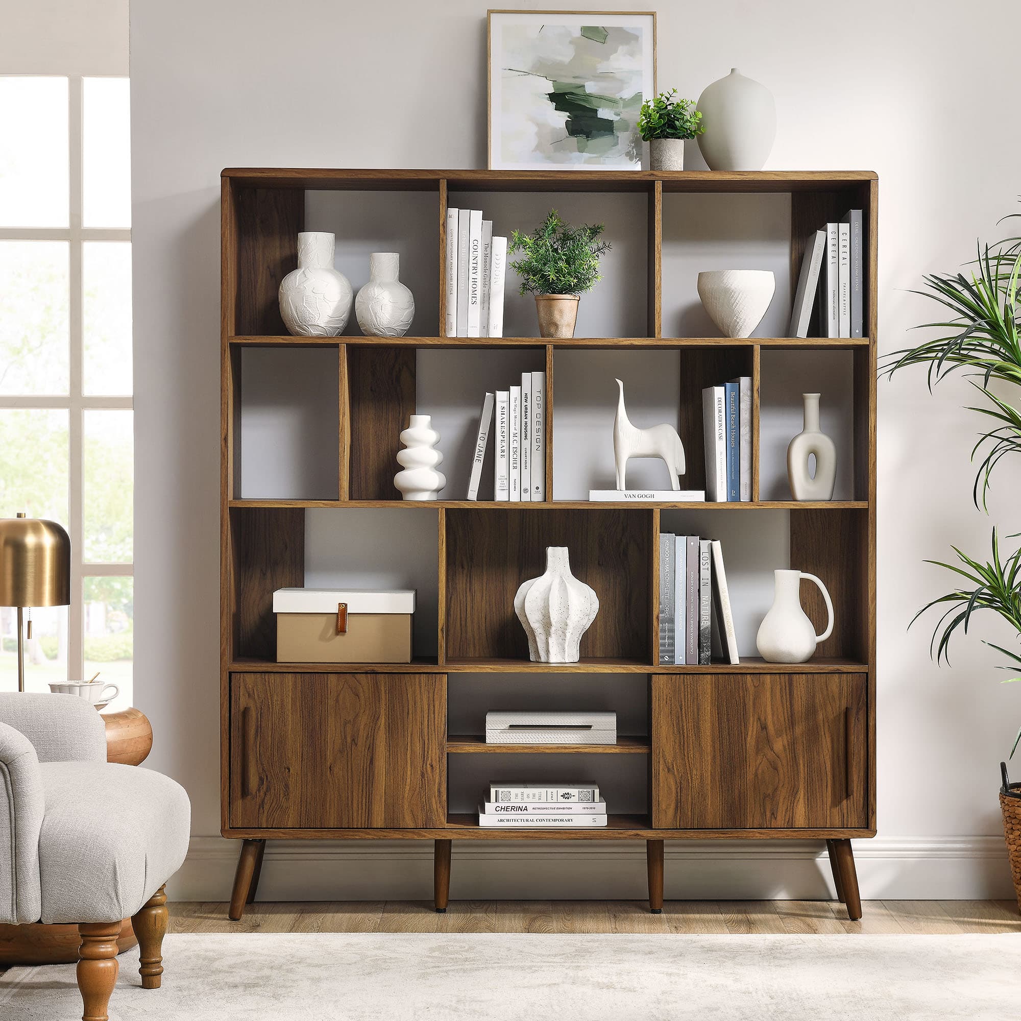 Transmit 59" Bookcase with Sliding Doors by Modway - Walnut