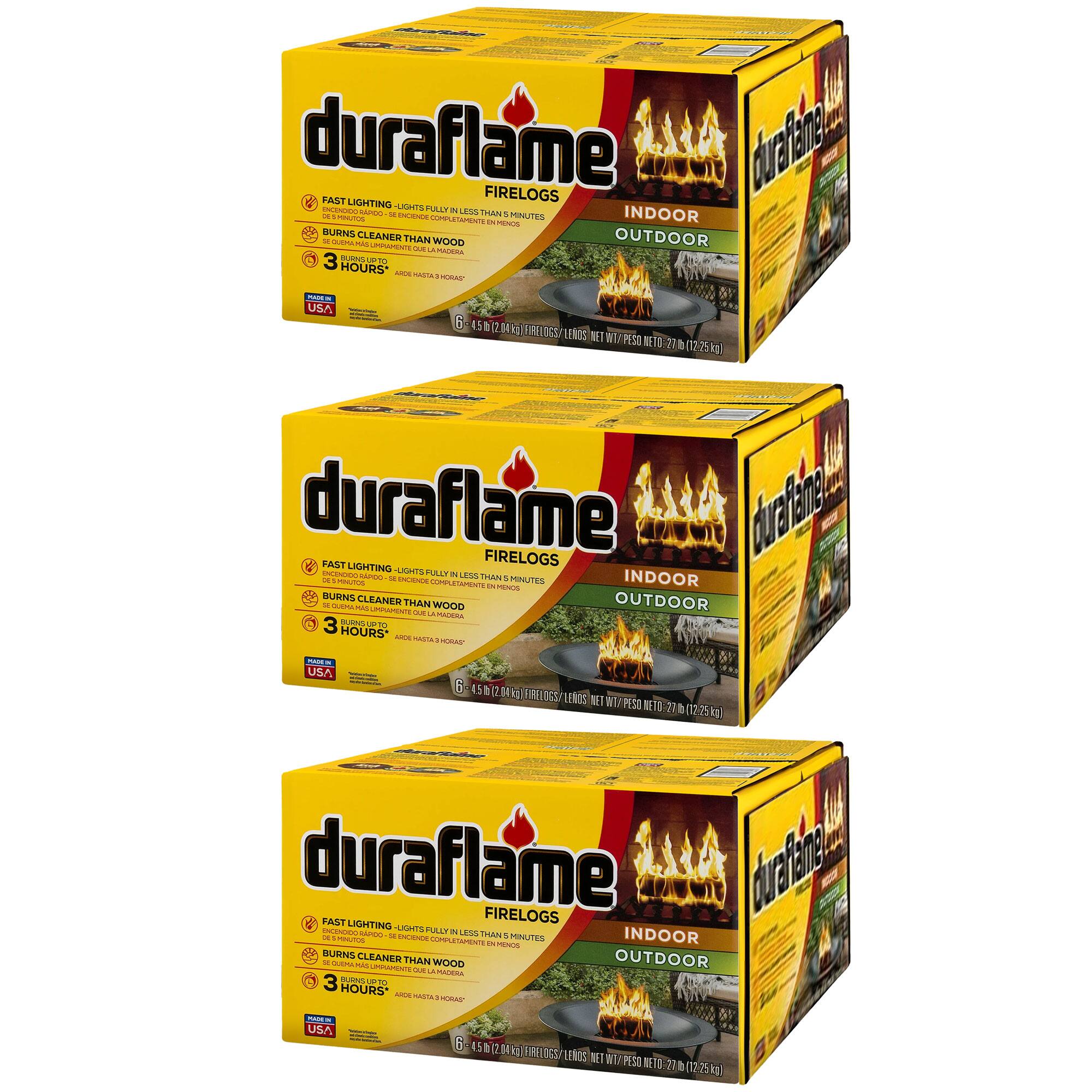 duraflame FIRELOGS  
FAST LIGHTING - LIGHTS FULLY IN LESS THAN 5 MINUTES  
BURNS CLEANER THAN WOOD  
3 HOURS  
USA  
6 - 4.5 IN x 12.4 IN (11.4 cm x 31.5 cm)  
NET WT/ PESO NETO 7.1 lb (3.22 kg)  

duraflame FIRELOGS  
FAST LIGHTING - LIGHTS FULLY IN LESS THAN 5 MINUTES  
BURNS CLEANER THAN WOOD  
3 HOURS  
USA  
6 - 4.5 IN x 12.4 IN (11.4 cm x 31.5 cm)  
NET WT/ PESO NETO 7.1 lb (3.22 kg)  

duraflame FIRELOGS  
FAST LIGHTING - LIGHTS FULLY IN LESS THAN 5 MINUTES  
BURNS CLEANER THAN WOOD  
3 HOURS  
USA  
6 - 4.5 IN x 12.4 IN (11.4 cm x 31.5 cm)  
NET WT/ PESO NETO 7.1 lb