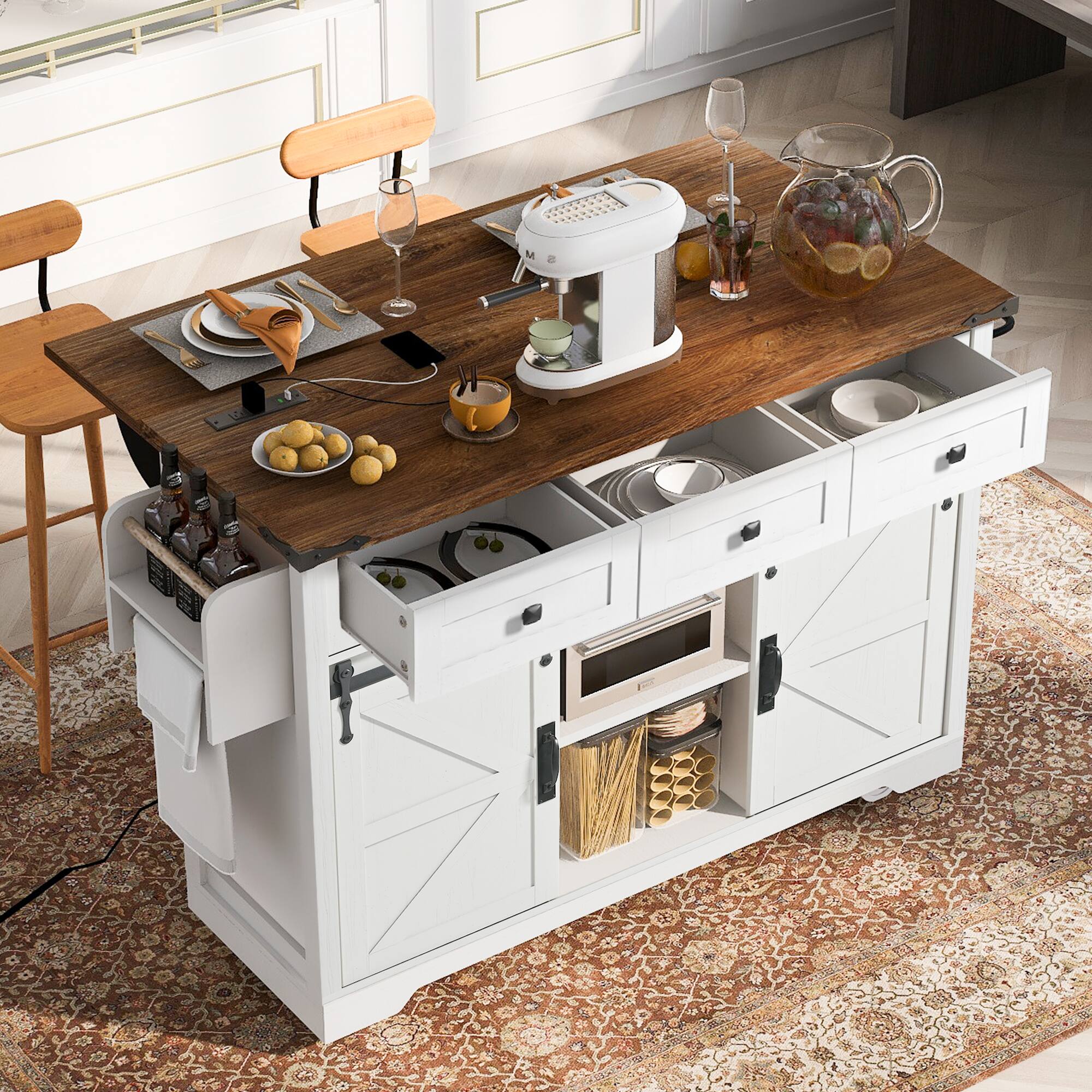 Alt View 5. Ecooso - 53.7" Large Farmhouse Kitchen Island, Sliding Barn Doors, Built-in Outlets, and Ample Storage on Lockable Wheels - White.