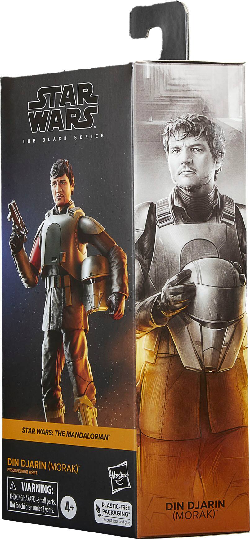 The image features a Star Wars Black Series action figure set, which includes a Din Djarin (Morak) action figure. The packaging warns of potential choking hazards for children under three years old, and it is not suitable for parts or children under three years old. The packaging is also plastic-free, with the exception of the plastic figure and glue.