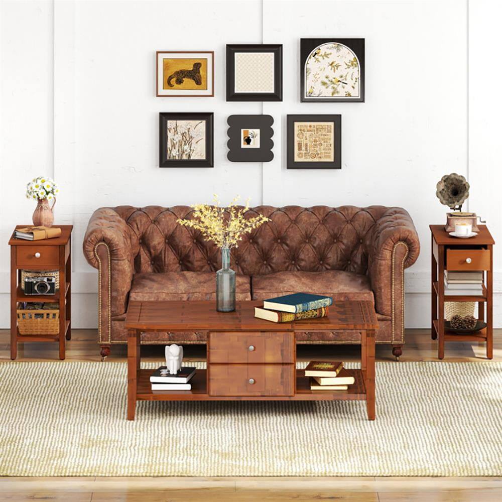 Back. Kadyn - Sofa Side End Table, End Table, Couch Table,3-Tier Narrow End Table with Drawer and Storage Shelves Set of 2-Brown - Brown.