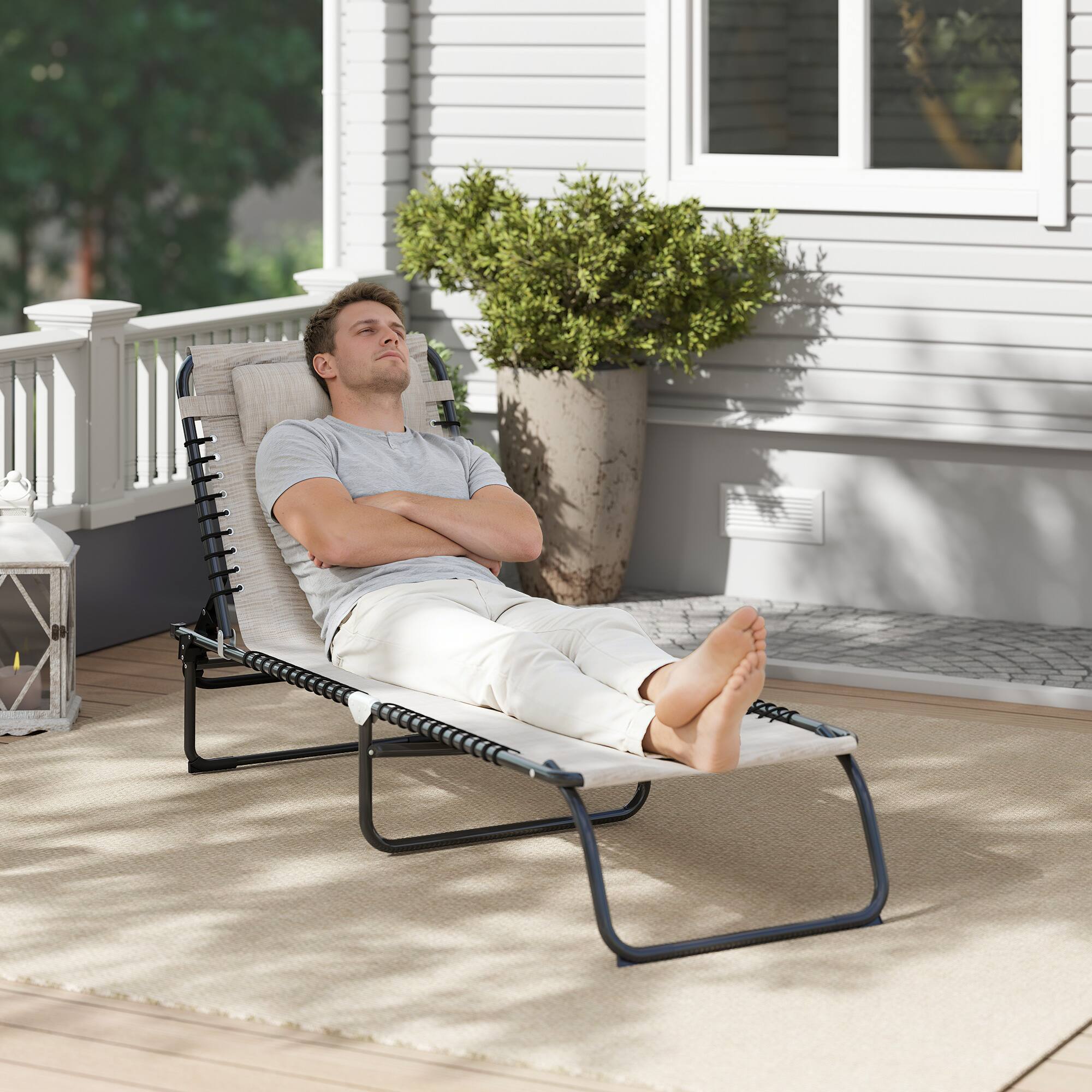 Alt View 7. Outsunny - Chaise Lounge Pool Chair with 4-Position Reclining Back, Pillow, Breathable Mesh & Bungee Seat - Cream White.