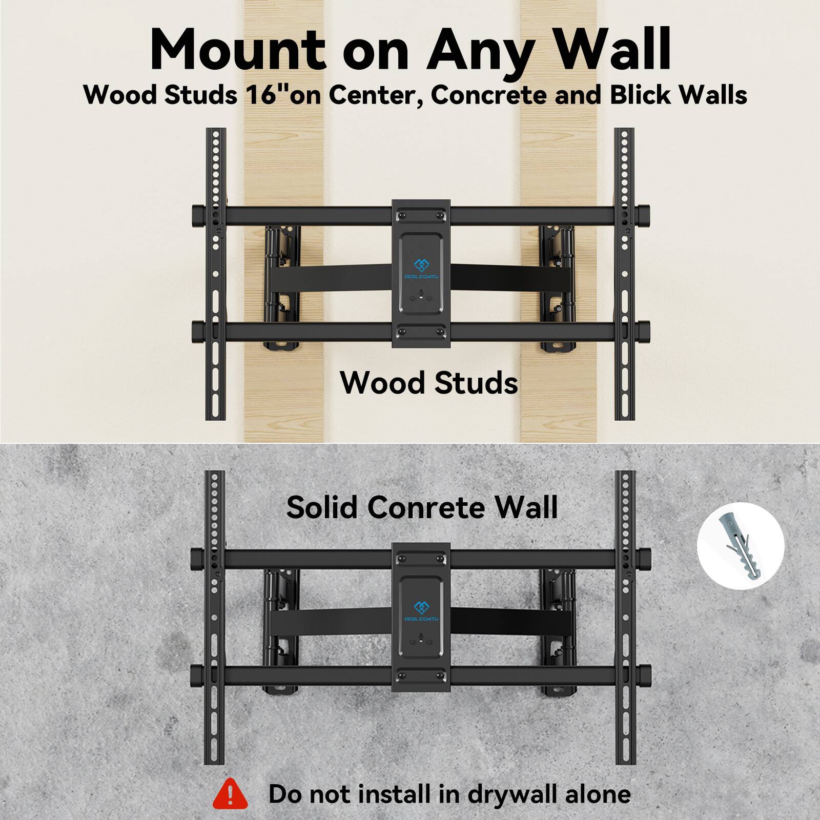 Mount on Any Wall  
Wood Studs 16" on Center, Concrete and Brick Walls  

Wood Studs  

Solid Concrete Wall  

Do not install in drywall alone
