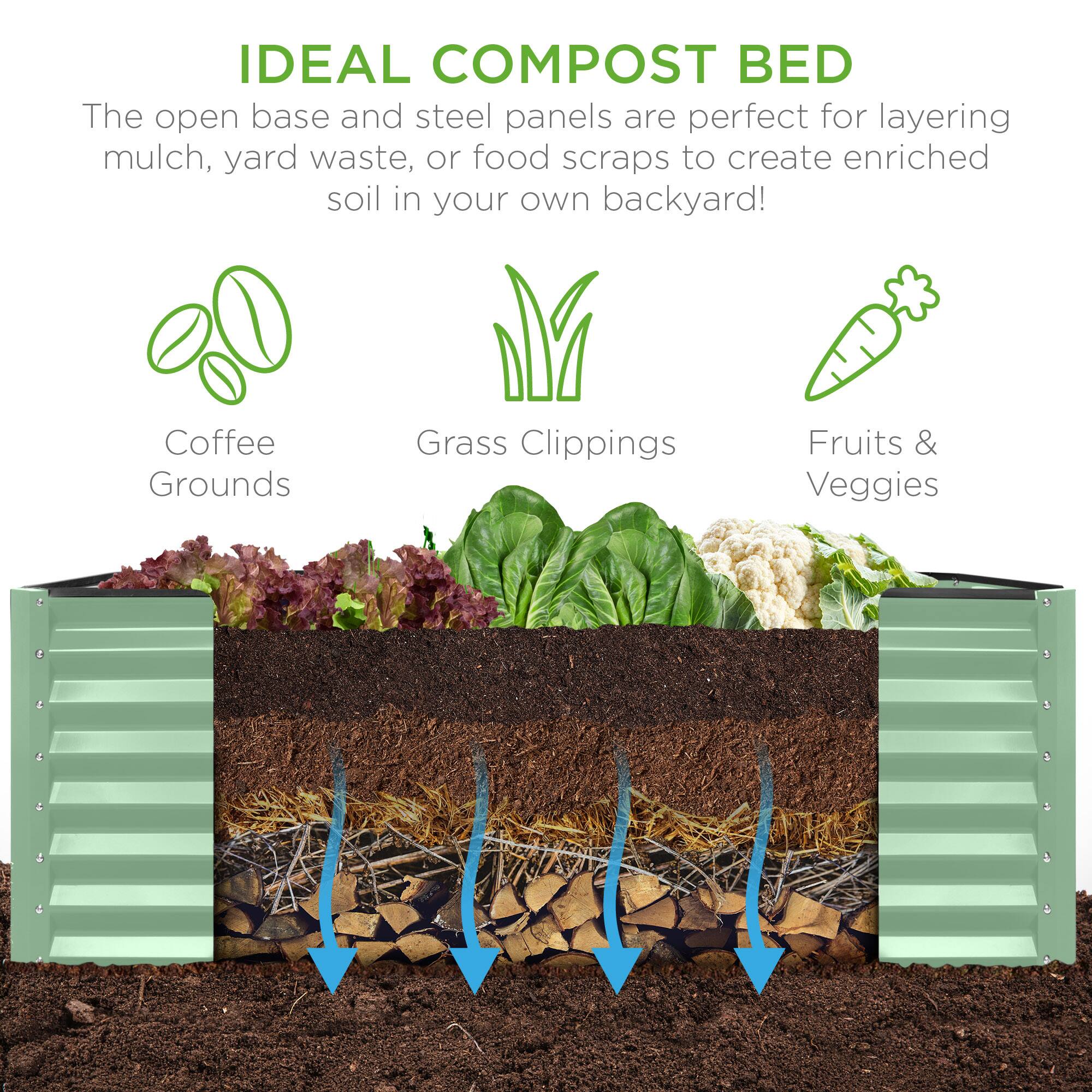 IDEAL COMPOST BED

The open base and steel panels are perfect for layering mulch, yard waste, or food scraps to create enriched soil in your own backyard!

- Coffee Grounds
- Grass Clippings
- Fruits & Veggies