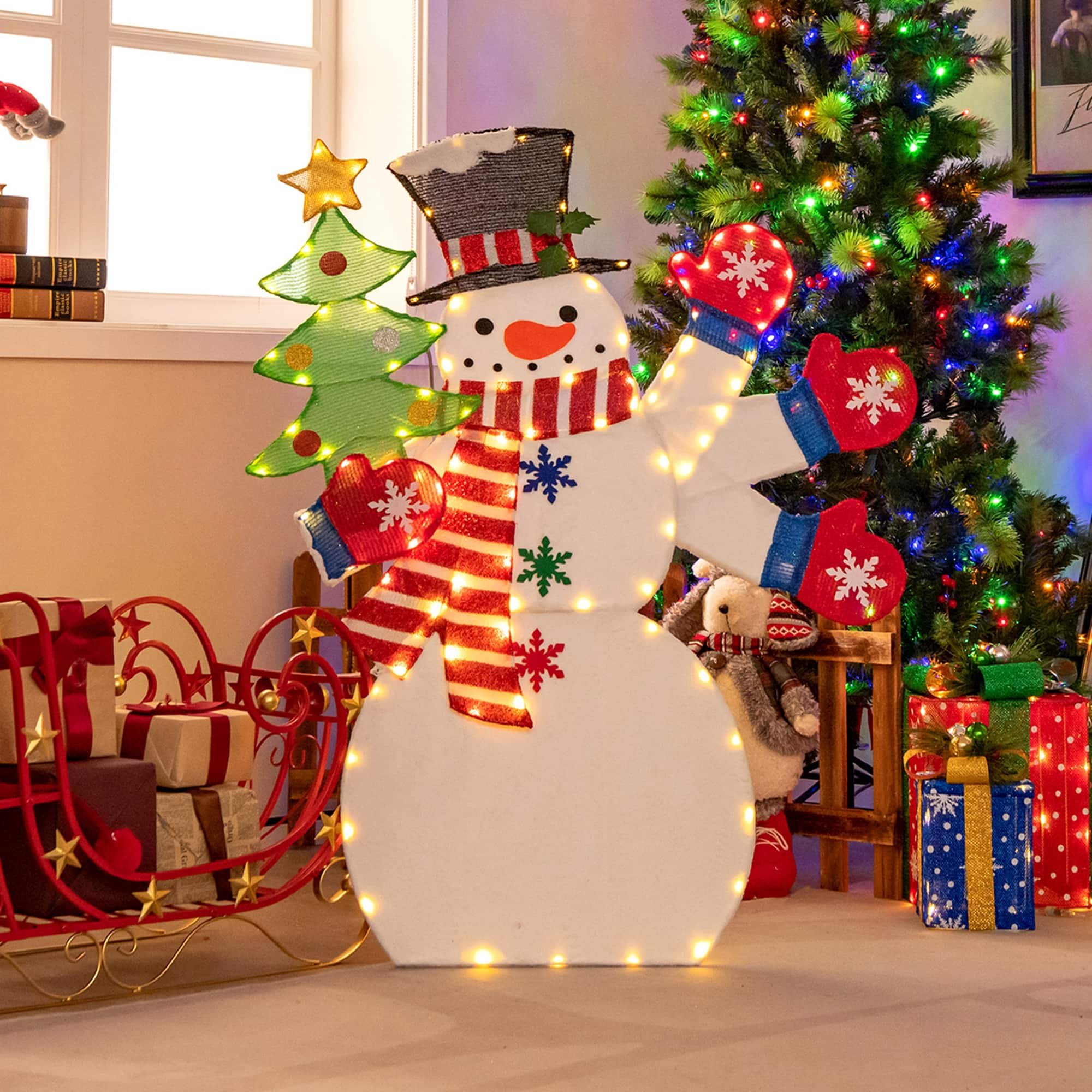 Costway 4 FT Christmas Snowman Lighted Decoration Waving Hand with 140 Pre-lit LED Lights - Multicolor