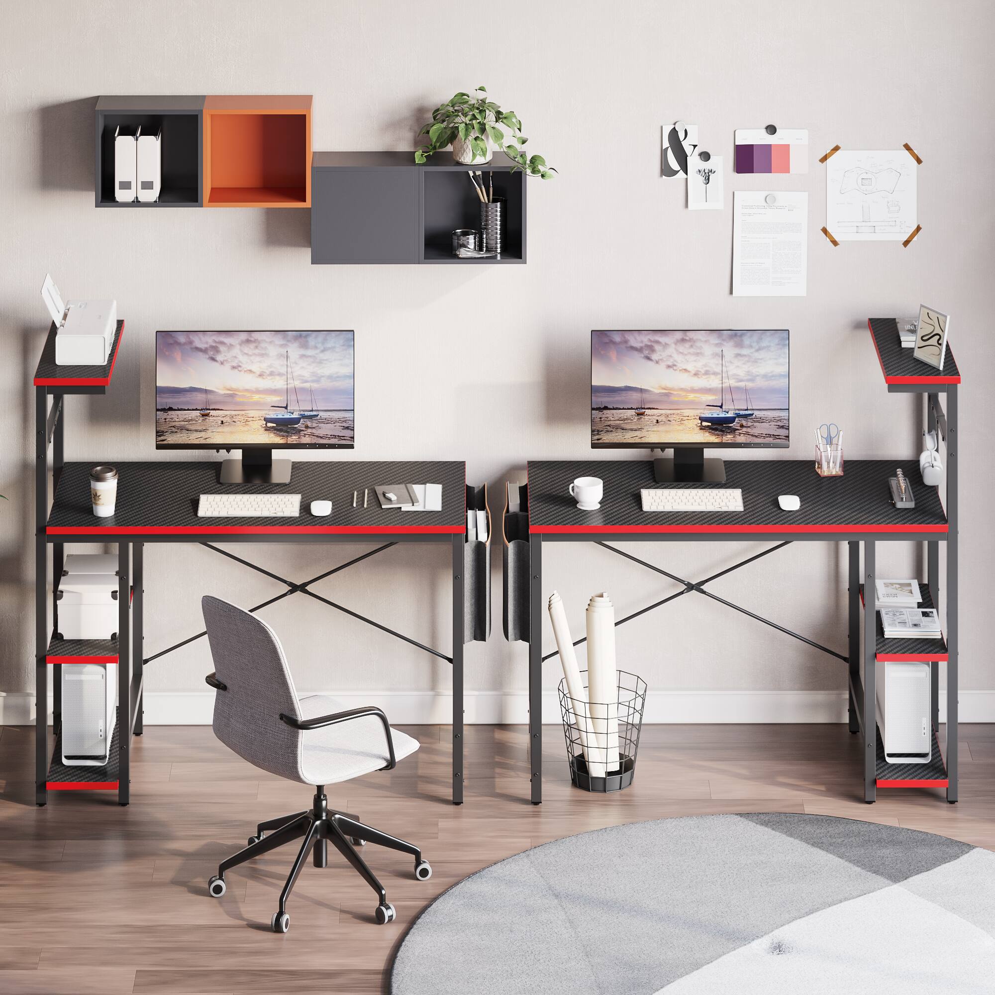 Alt View 7. Bestier - 44 inch Gaming Desk with LED Lights, Reversible Storage Shelves & Side Storage Bag for Small Space - Black Carbon Fiber.