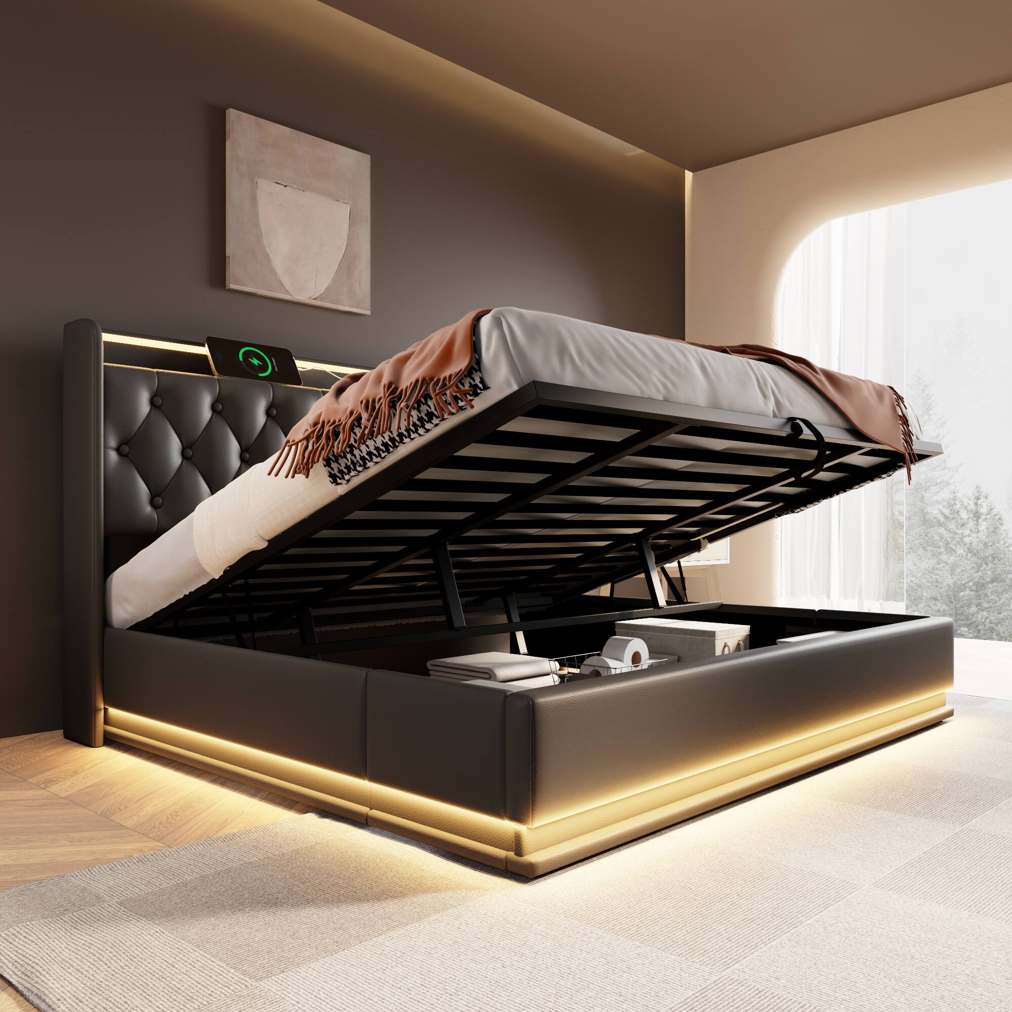 Left. Anysun - King Upholstered Hydraulic Bed - 360 Surround LED, App/Remote Control, USB-C Charging, PU. - Black.