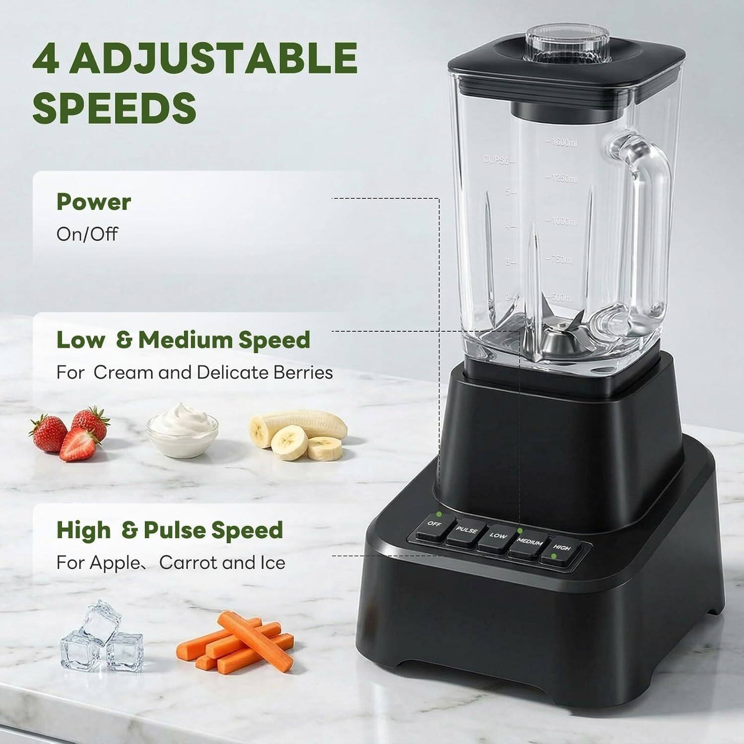 4 Adjustable Speeds

Power
On/Off

Low & Medium Speed
For Cream and Delicate Berries

High & Pulse Speed
For Apple, Carrot and Ice
