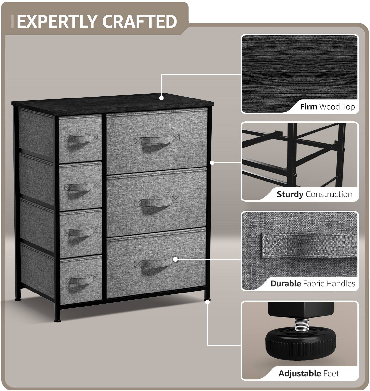 EXPERTLY CRAFTED

- Firm Wood Top
- Sturdy Construction
- Durable Fabric Handles
- Adjustable Feet