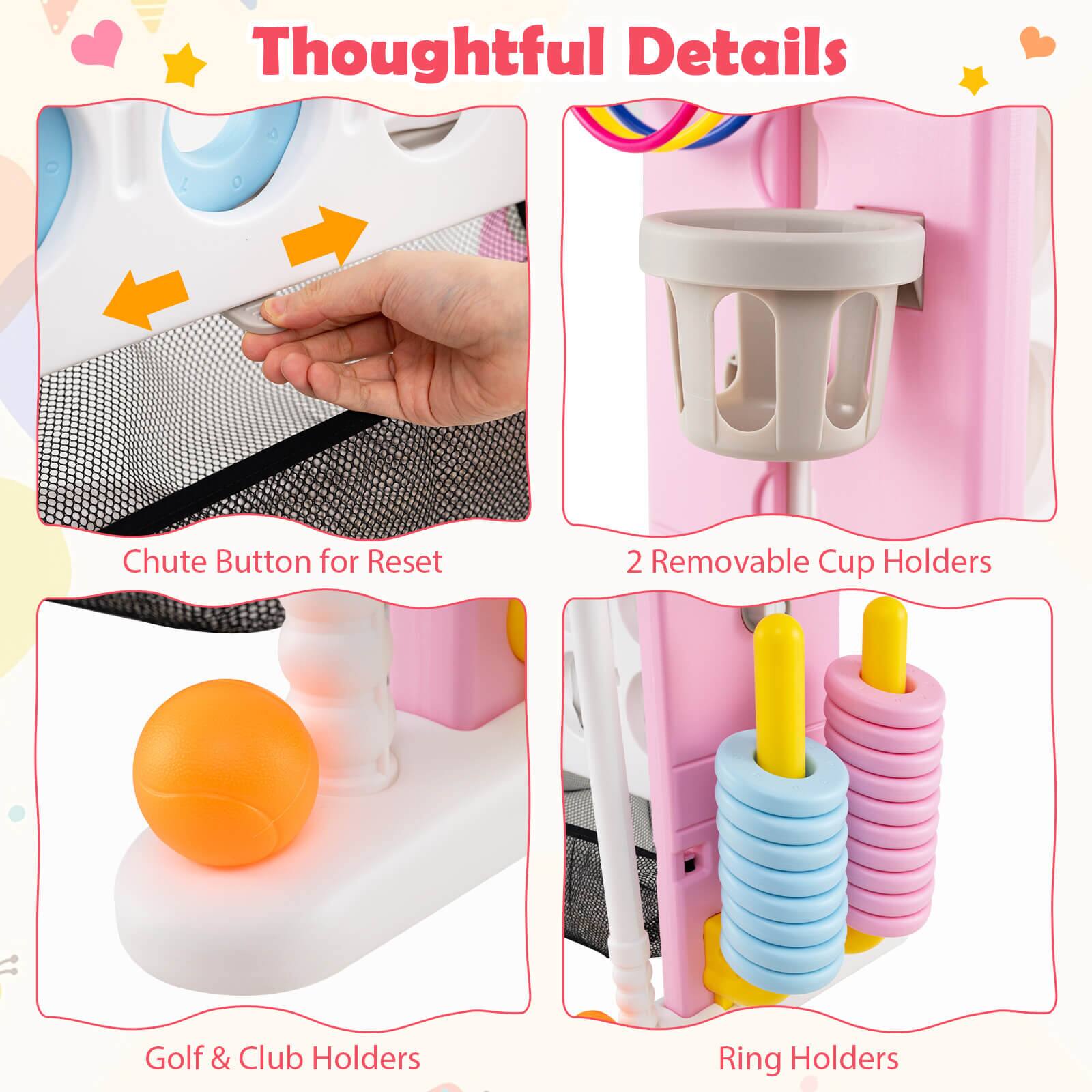 Thoughtful Details

- Chute Button for Reset
- 2 Removable Cup Holders
- Golf & Club Holders
- Ring Holders