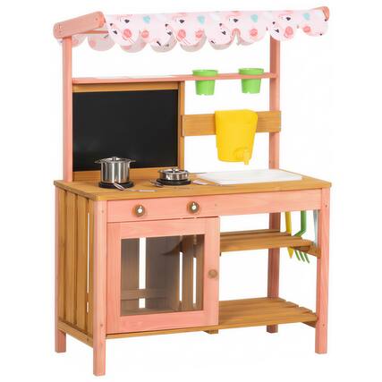 Front. Qaba - Mud Kitchen with Canopy, Outdoor Wooden Play Kitchen with Planter Box - Pink.