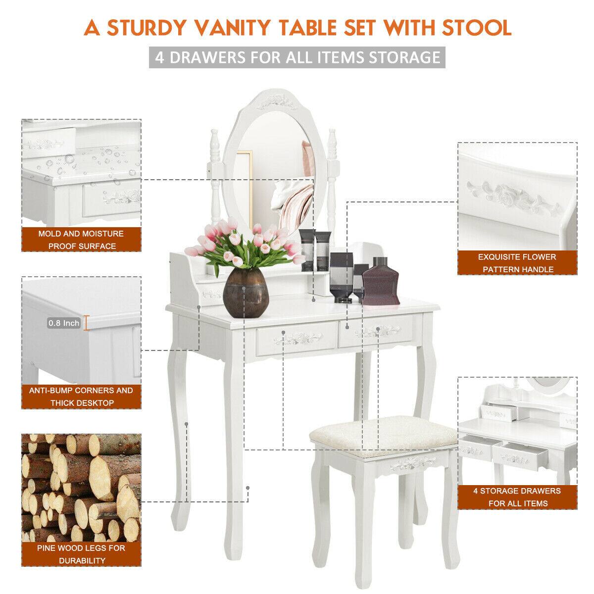A STURDY VANITY TABLE SET WITH STOOL
4 DRAWERS FOR ALL ITEMS STORAGE
MOLD AND MOISTURE PROOF SURFACE
EXQUISITE FLOWER PATTERN HANDLE
0.8 Inch
ANTI-BUMP CORNERS AND THICK DESKTOP
4 STORAGE DRAWERS FOR ALL ITEMS
PINE WOOD LEGS FOR DURABILITY