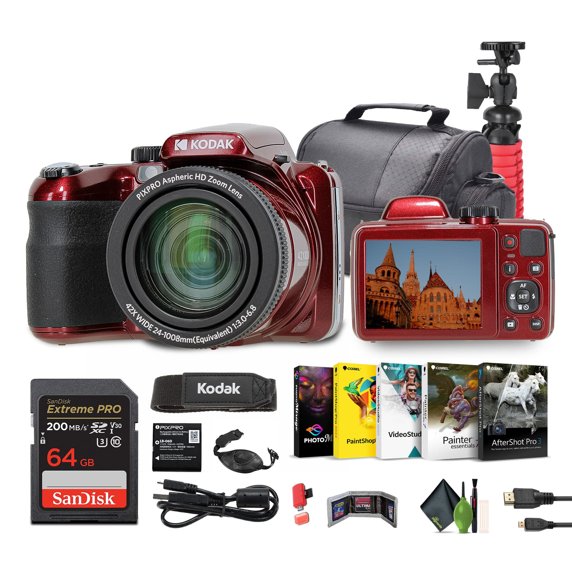Bundle - Kodak - PIXPRO AZ425 20MP Digital Vlogging Camera +64GB Memory Card + More (RED) - Red Advanced