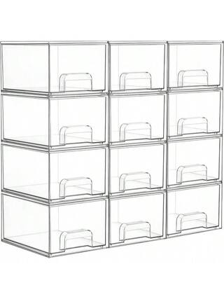 Front. Live At Space - 4 Pack Small Stackable Storage Drawers, Acrylic Bathroom Makeup Organizer, Plastic Bins Vanity, Undersink, Kitchen Home - 12 pack - transparent.
