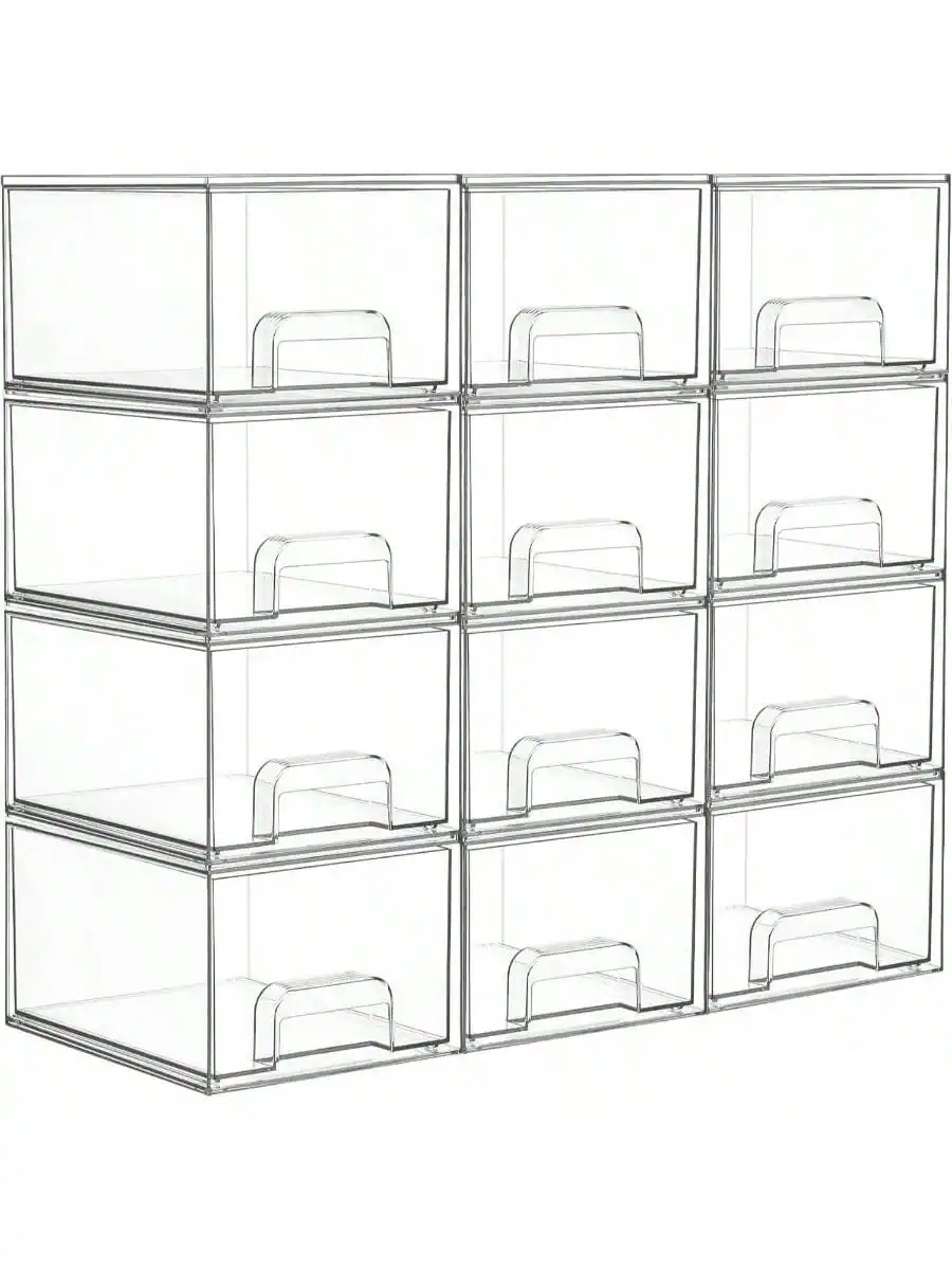 Live At Space - 4 Pack Small Stackable Storage Drawers, Acrylic Bathroom Makeup Organizer, Plastic Bins Vanity, Undersink, Kitchen Home - 12 pack - transparent