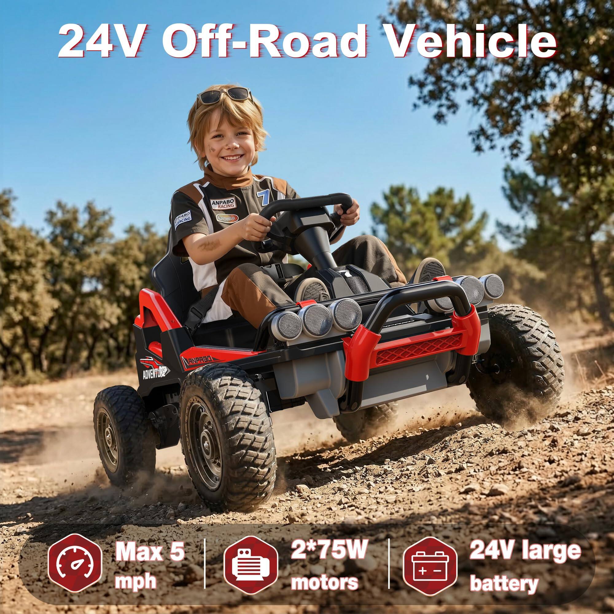 24V Off-Road Vehicle

Max 5 mph

2*75W motors

24V large battery