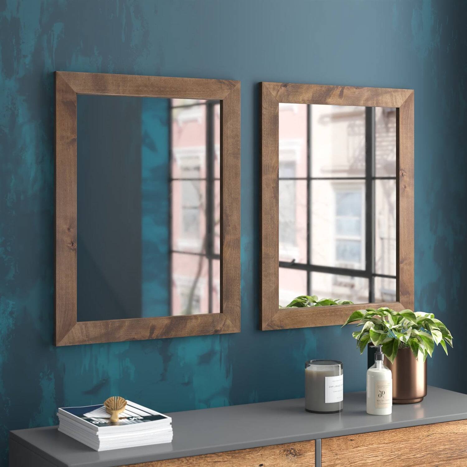 Angle. Hivvago - Set of 2 Modern Farmhouse Mirror Set Distressed Brown Wood Frame 31 x 24 inch - brown.