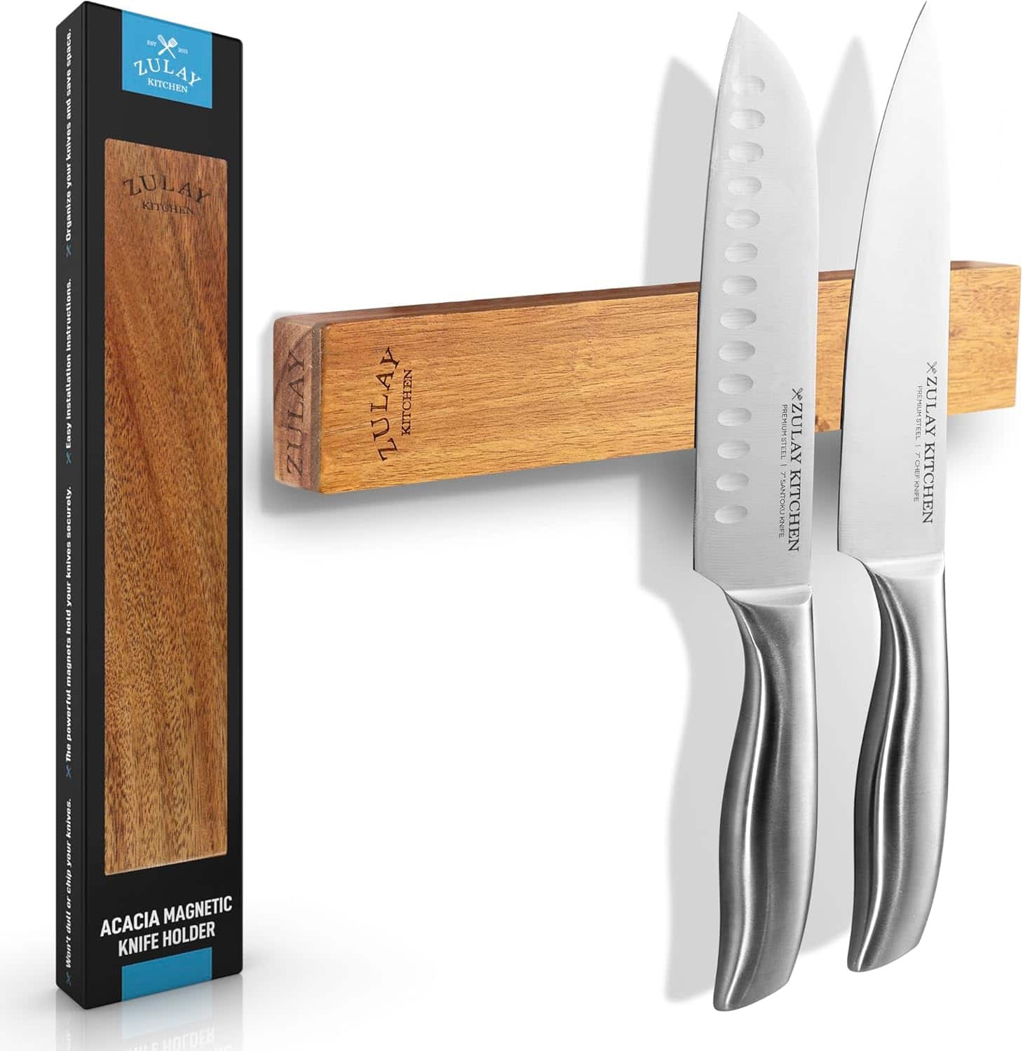 The text on the image is:

"ZULAY KITCHEN
ACACIA MAGNETIC KNIFE HOLDER"

The corrected and grouped text from the provided text is:

"ZULAY KITCHEN
ACACIA MAGNETIC KNIFE HOLDER"