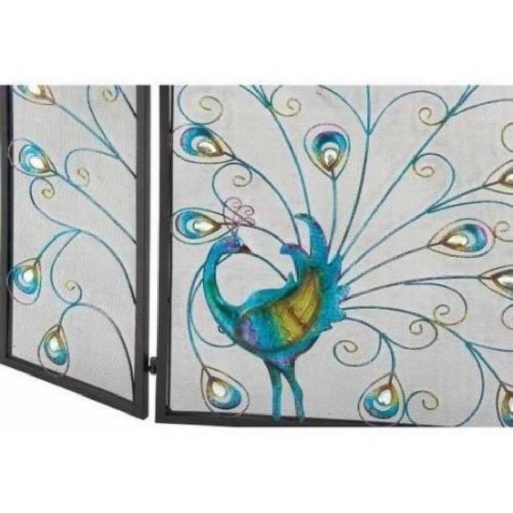 Alt View 1. Manhattan Lane - Peacock Theme Metal 3 Panel Mesh Fireplace Screen - Multicolor.