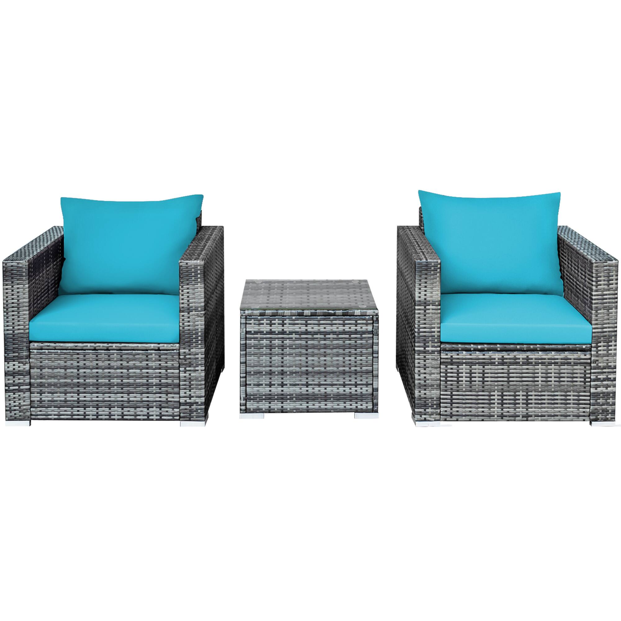 Alt View 9. Gymax - Gymax 3PCS Rattan Patio Conversation Furniture Set Outdoor Yard w/ Turquoise Cushion - Turquoise.