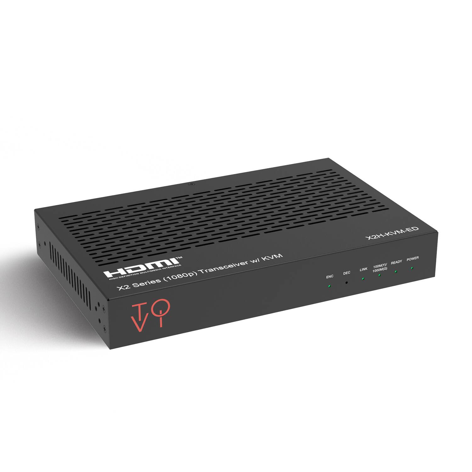 Sure, here is the corrected and grouped text from the image:

---

**HDMI**  
X2 Series (1080p) Transceiver w/ KVM  
X2HKVM-ED  

**TO**  
[Logo]  

**ENC**  
**DEC**  
**LINK**  
**1000M(0)**  
**HDMI READY**  
**POWER**  

**READ**  
**AOMTY**  
**LIV**  
**nothing_to_tscribe**  

---