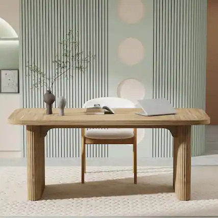 Front. APRILSOUL - 62in Large Computer Workstation with Sturdy Double Pedestal Base Simple Rectangular Writing and Study Table Natural - Natural Wood.