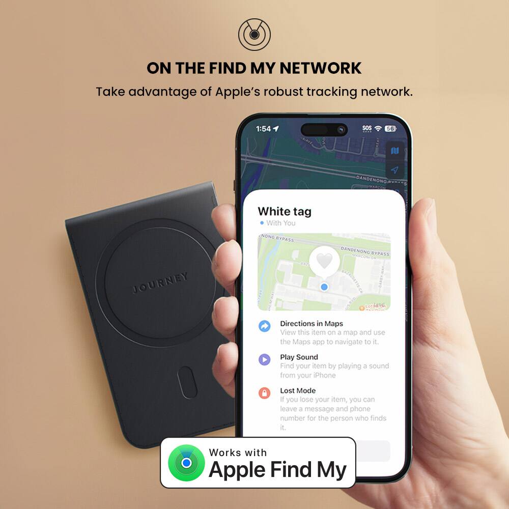 Angle. JOURNEY - LOC8 MagSafe Finder Wallet and Stand - Midnight.