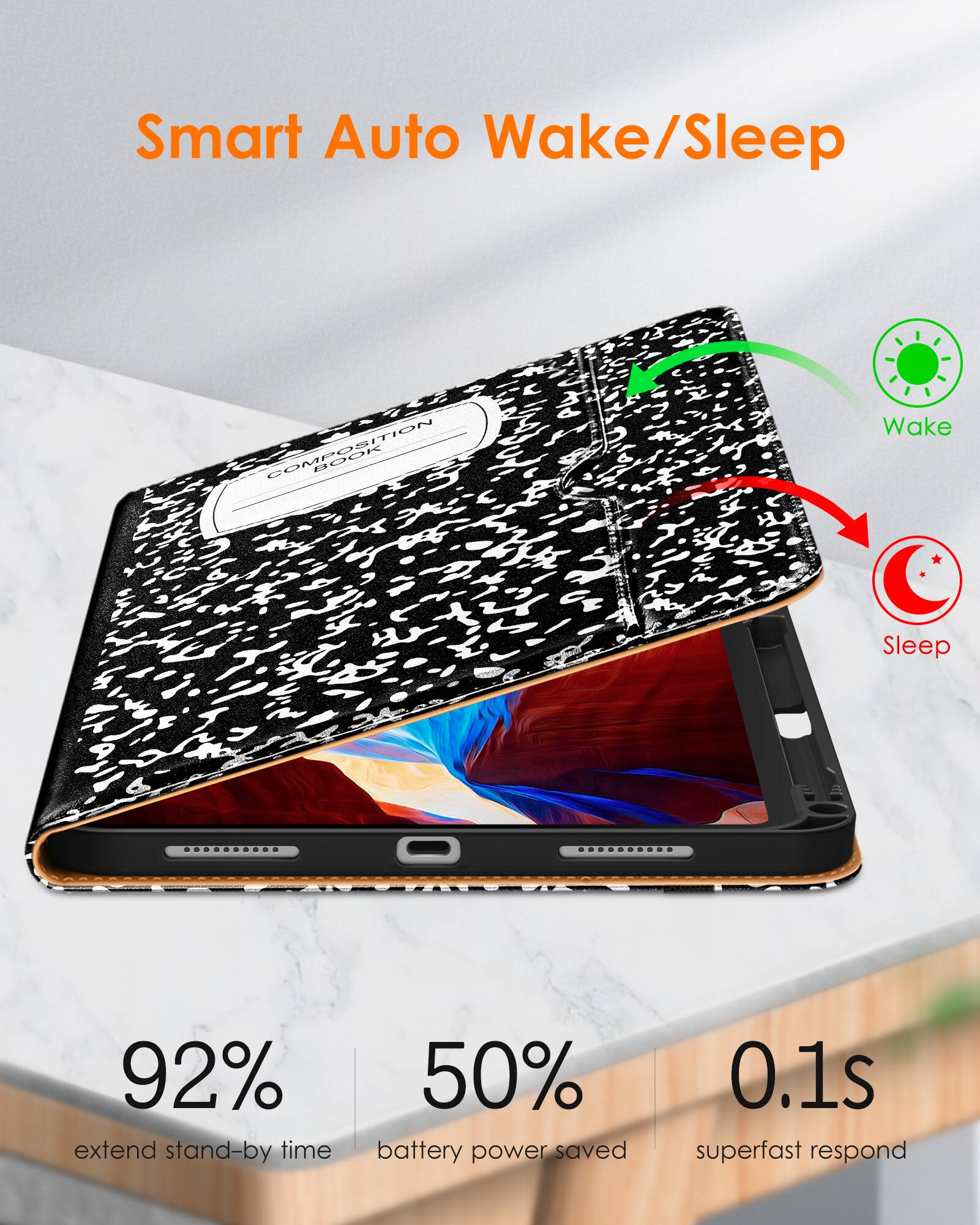 Smart Auto Wake/Sleep

- 92% extend stand-by time
- 50% battery power saved
- 0.1s superfast respond

Wake
Sleep