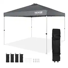 VEVOR - Pop Up Canopy Tent, 10 x 10 ft, 250 D PU Silver Coated Tarp, with Portable Roller Bag and 4 Sandbags, Waterproof - Dark Gray