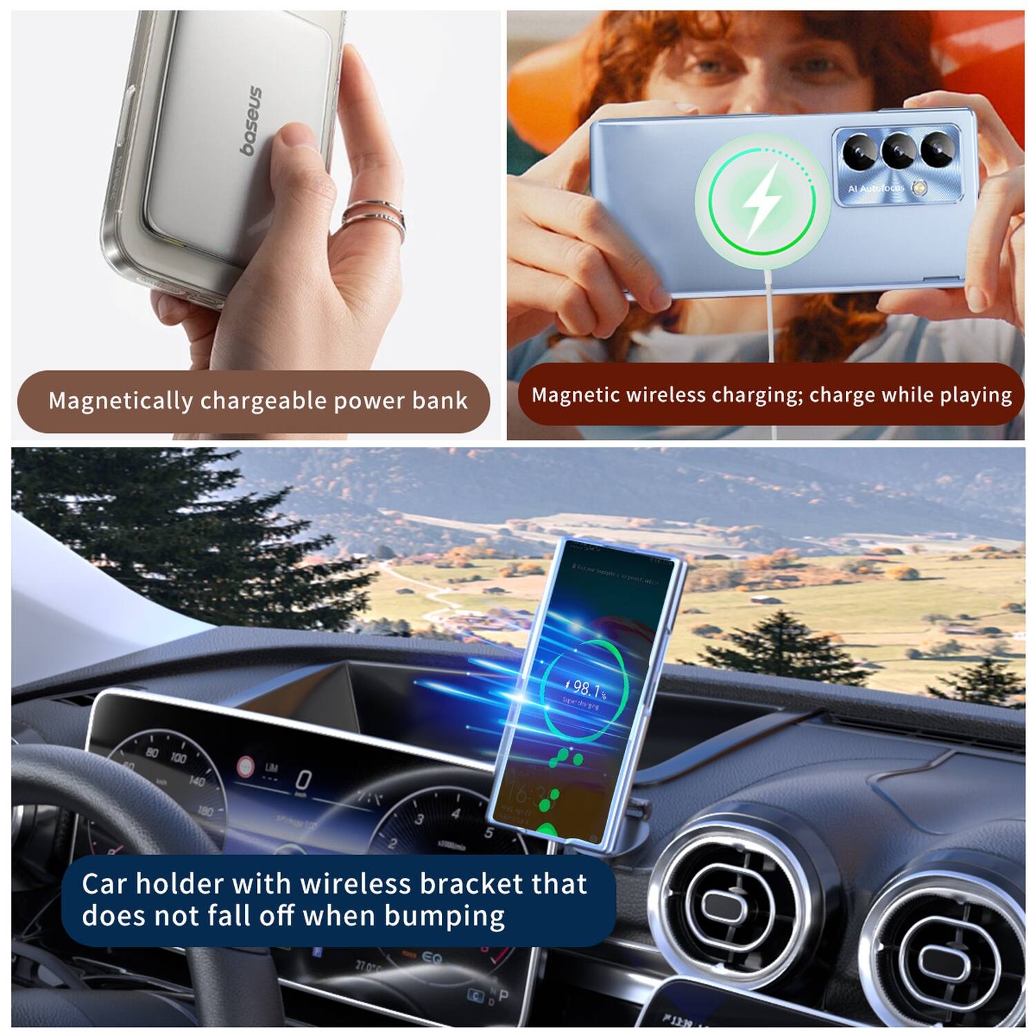- Baseus
- Magnetically chargeable power bank
- Magnetic wireless charging; charge while playing
- Car holder with wireless bracket that does not fall off when bumping