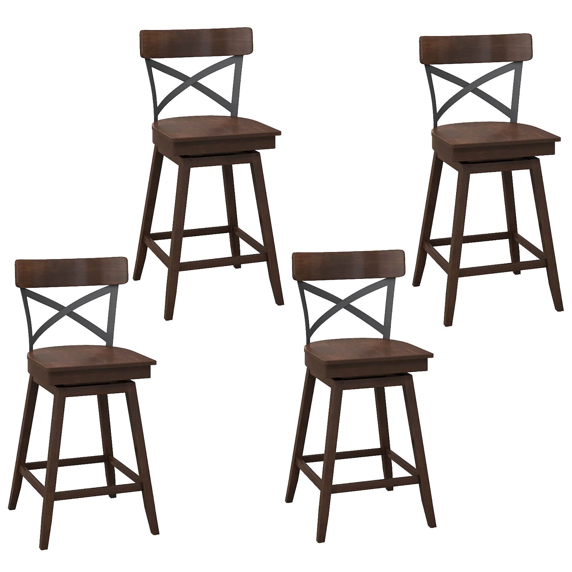 Gymax - Set of 4 Wooden Swivel Bar Stools Counter Height Kitchen Chairs w/ Back Brown - Brown + Black