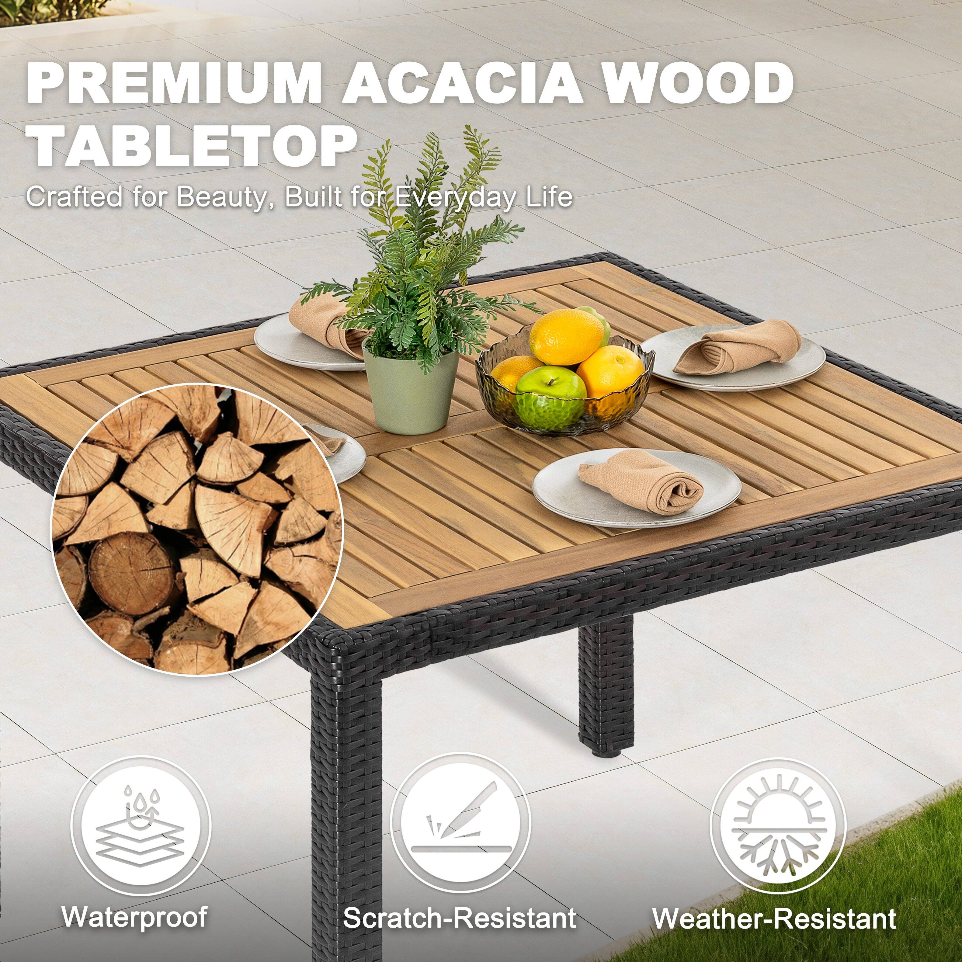 PREMIUM ACACIA WOOD TABLETOP  
Crafted for Beauty, Built for Everyday Life  

Waterproof  
Scratch-Resistant  
Weather-Resistant
