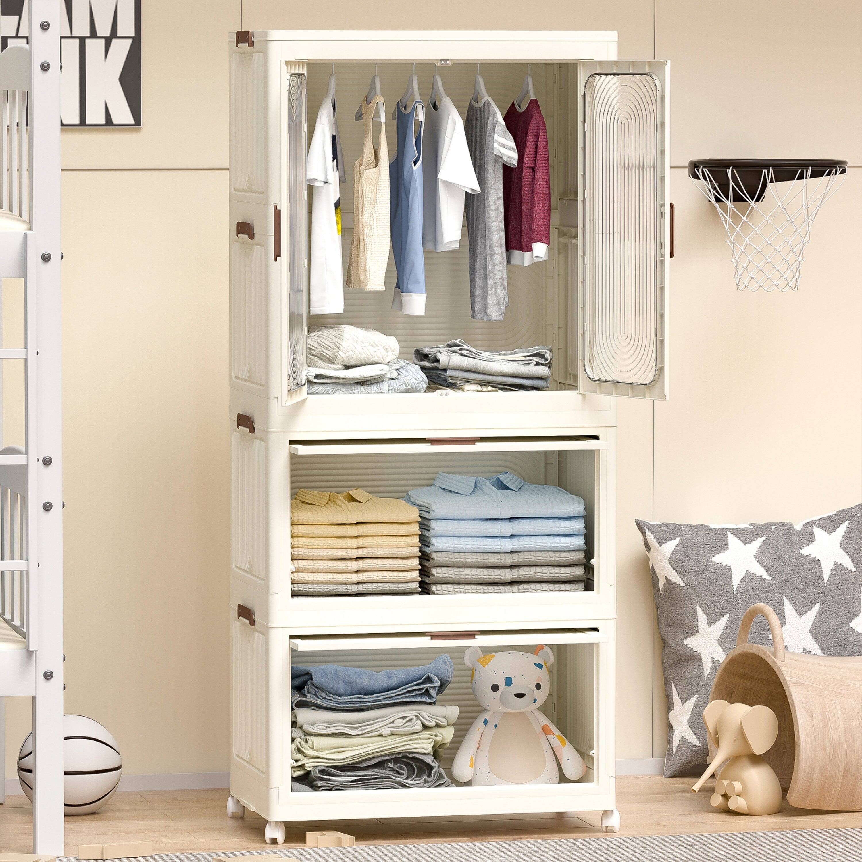 Alt View 3. Boyel Living - Portable Wardrobe 4 Cubes Magnetic Doors Hanging Rod Clothes Storage Cream White - Cream White.