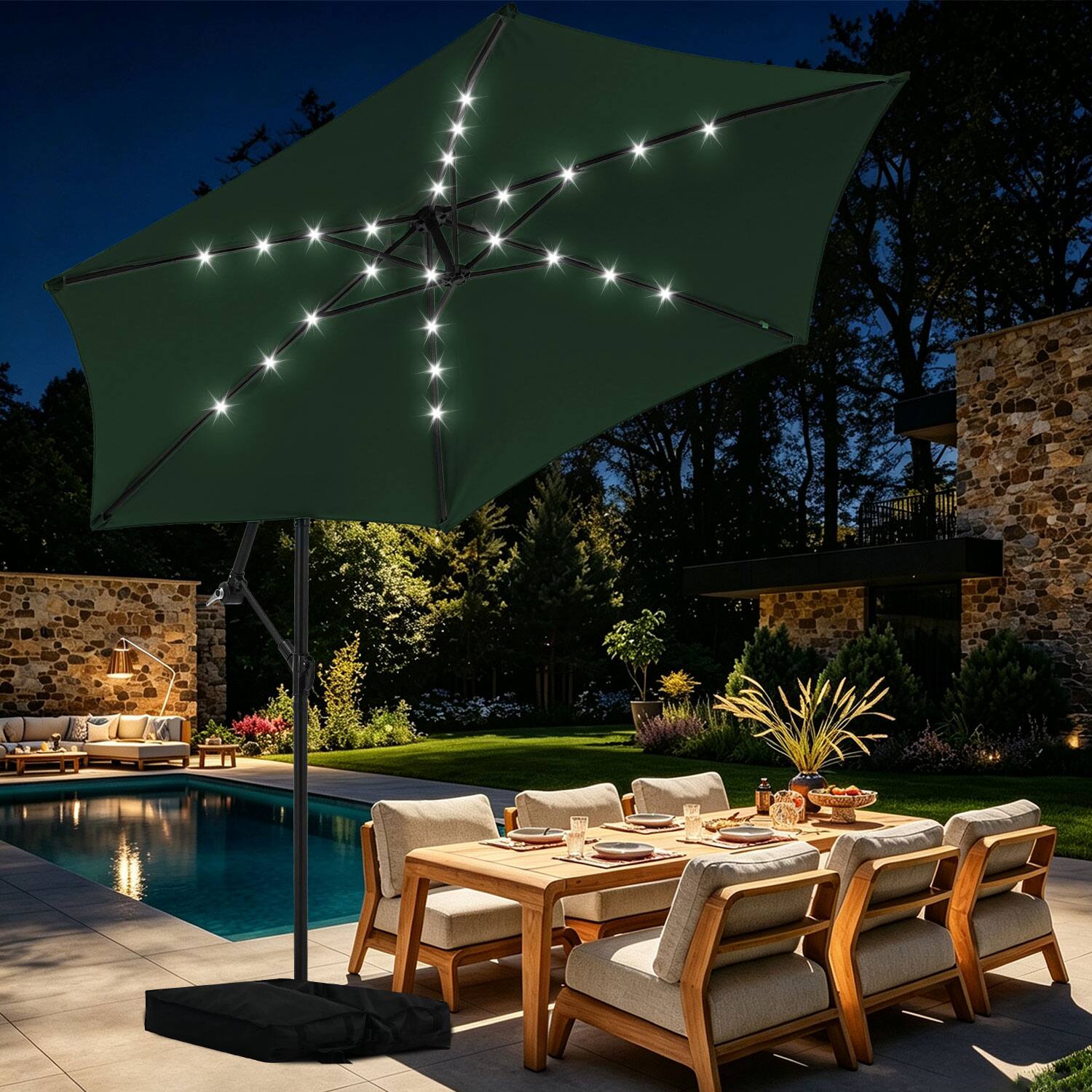 Alt View 4. Ainfox - Ainfox 10FT Outdoor Patio Cantilever Umbrella Hanging Offset with Cross Base  Sand Bags & 24 LED Solar Lights - Green.