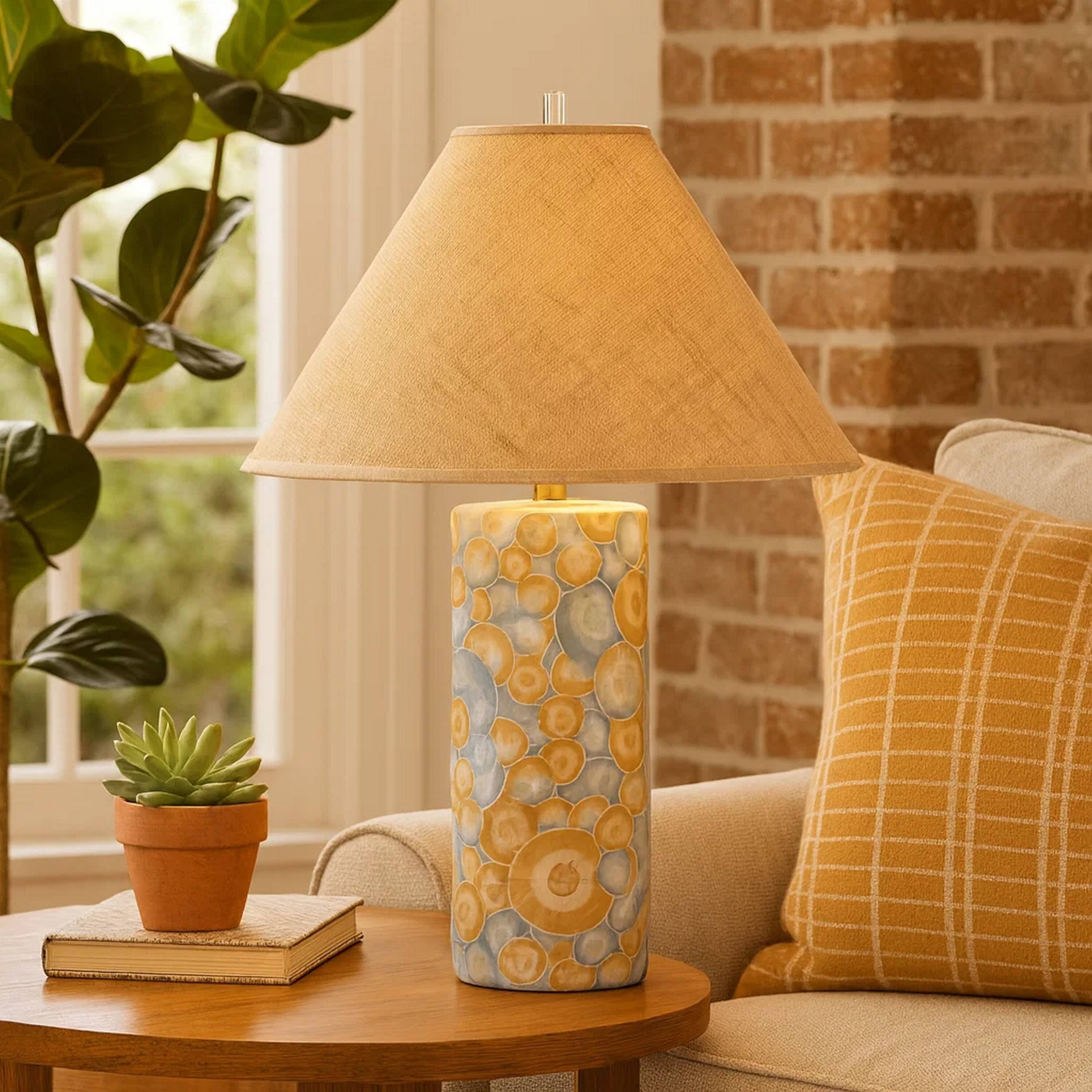 Alt View 3. Manhattan Lane - Eriy Accent Table Lamp, Raffia Cone Shade, Abstract 29 Inch - Blue, Natural Brown.