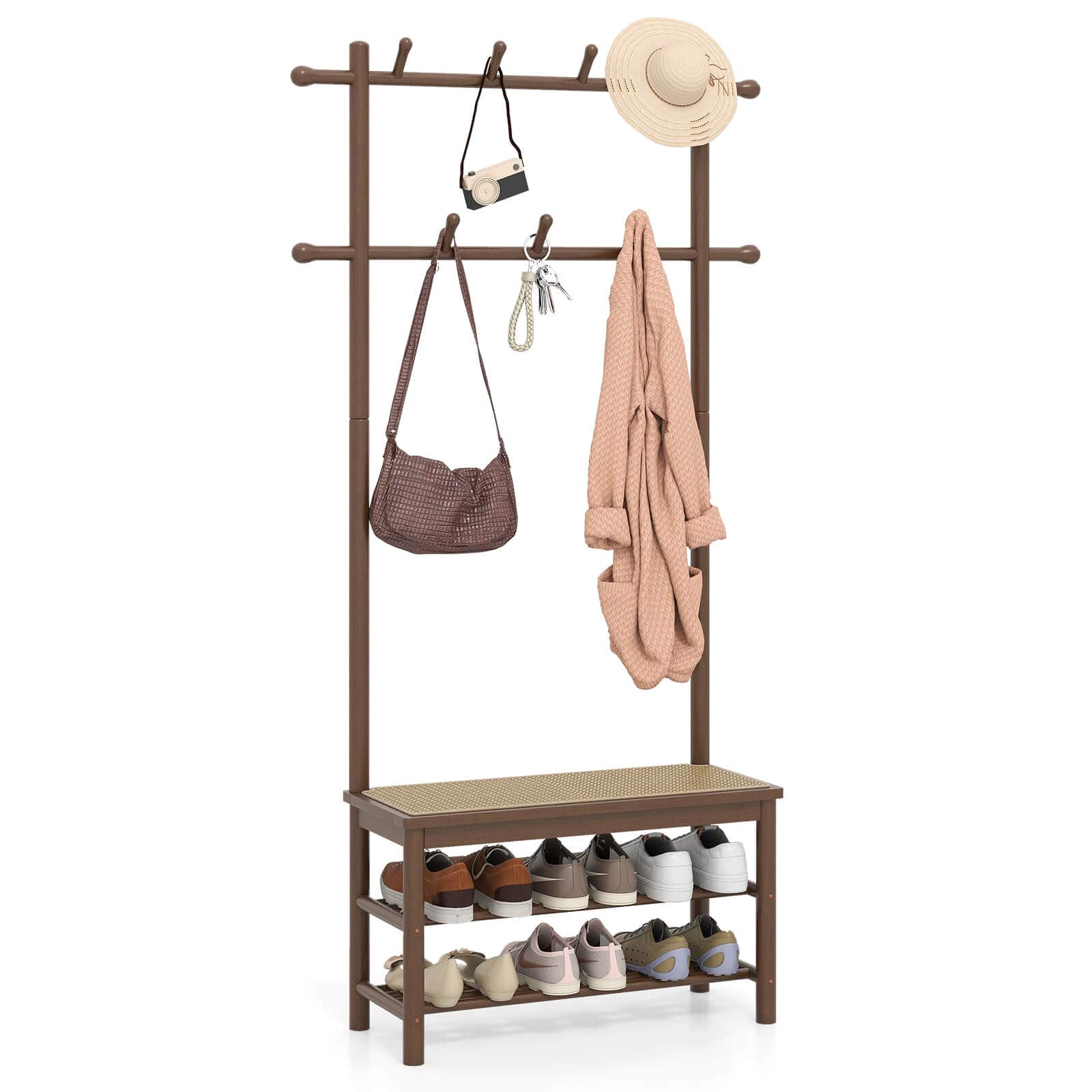 Costway - Bamboo Coat Rack with Bench Shoe Storage 2 Hanging Rods 11 Hanging Hooks Shelves - Brown price history on PriceWatchPro