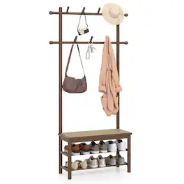Costway - Bamboo Coat Rack with Bench Shoe Storage 2 Hanging Rods 11 Hanging Hooks Shelves - Brown
