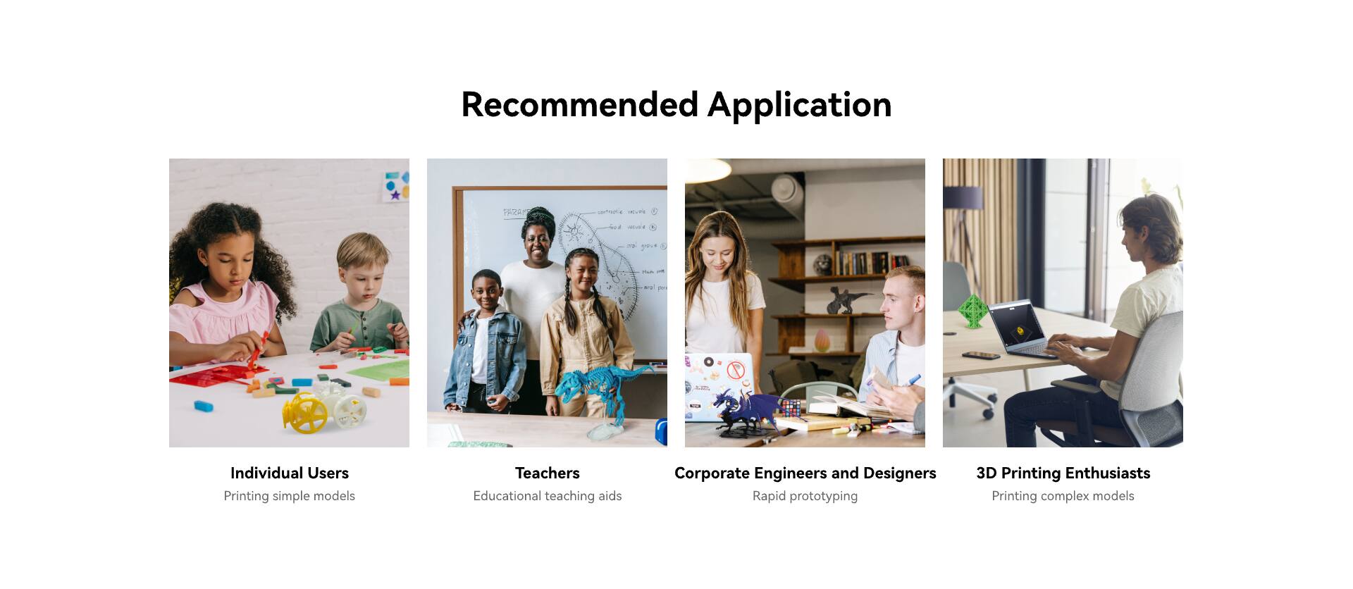 Recommended Application

- Individual Users
  - Printing simple models

- Teachers
  - Educational teaching aids

- Corporate Engineers and Designers
  - Rapid prototyping

- 3D Printing Enthusiasts
  - Printing complex models