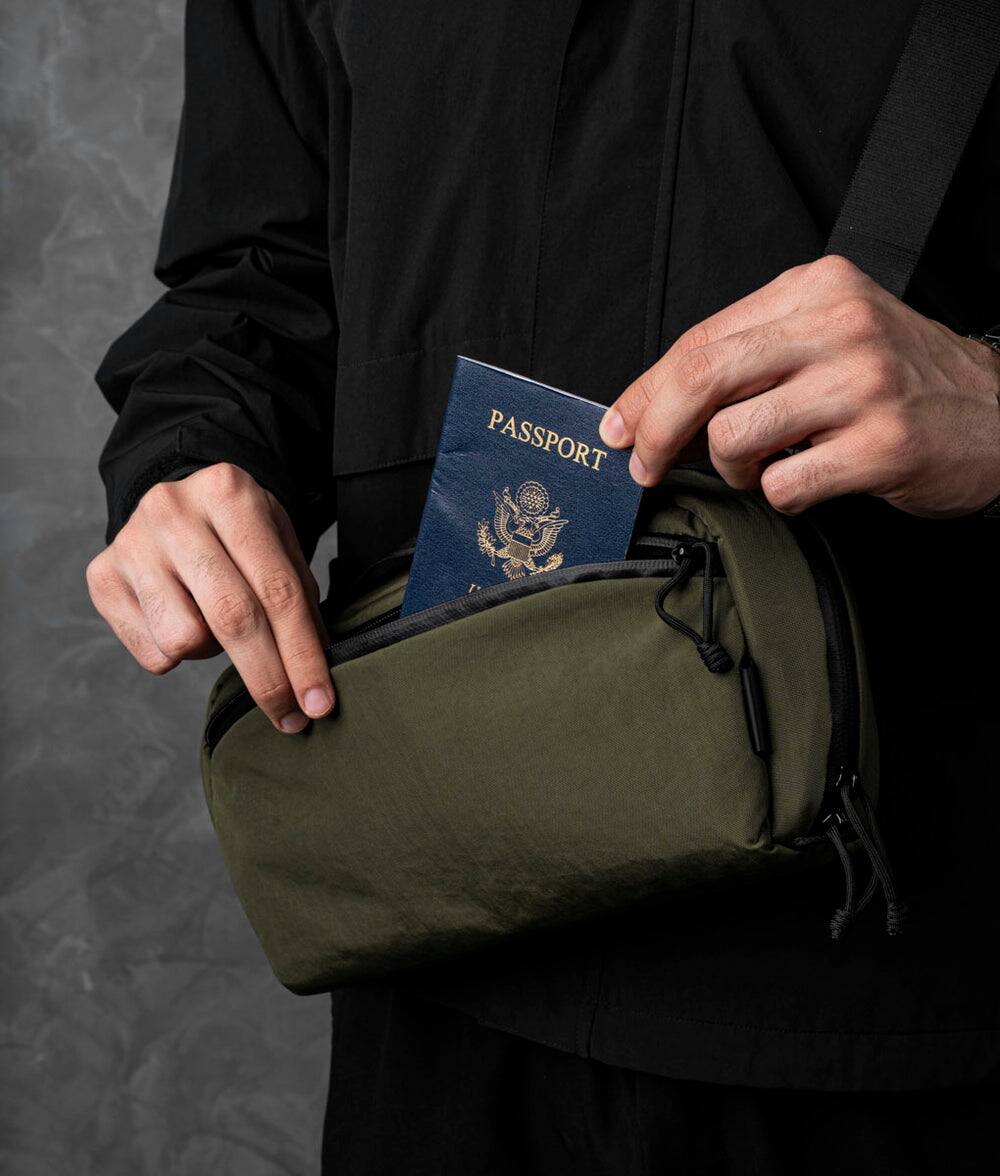 Back. ALPAKA - Gaming Sling Bag for Switch 2/Steam Deck/ROG Ally, Game Card Holder (20), 3.5L EDC Crossbody, Water-Resistant - Green Axoflux 400D Washed Nylon.