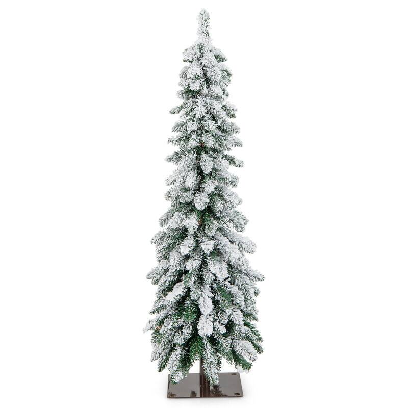 Angle. WELLFOR - 4 ft Pre‑lit Snow‑Flocked Slim Pencil Christmas Tree with 225 Branch Tips,100 LED Lights‑Holiday Indoor Decoration - White & Green.