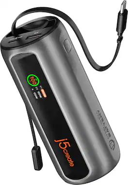 j5create - 10000mAh PD Portable Charger 100W 2-Port Power Bank with Retractable USB-C cable for Most Laptops and Smartphones - Space Gray