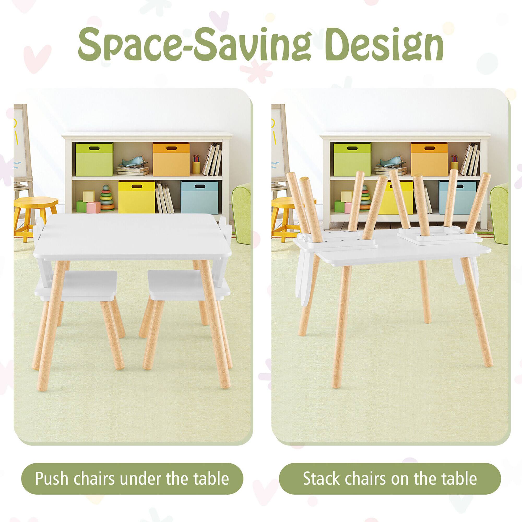 Space-Saving Design

Push chairs under the table

Stack chairs on the table